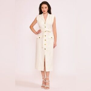 NWT Tweed Gold Button Detail Belted Trench Dress in White Gold
